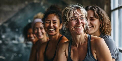 Fototapeta premium A group of athletic women smiling joyfully at a yoga studio.
