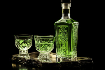 Bottle and two glasses of absinthe isolated on white