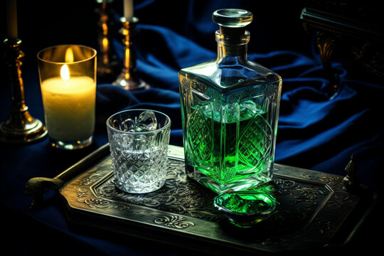 Bottle and two glasses of absinthe isolated on white