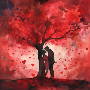 two people kissing under a red tree