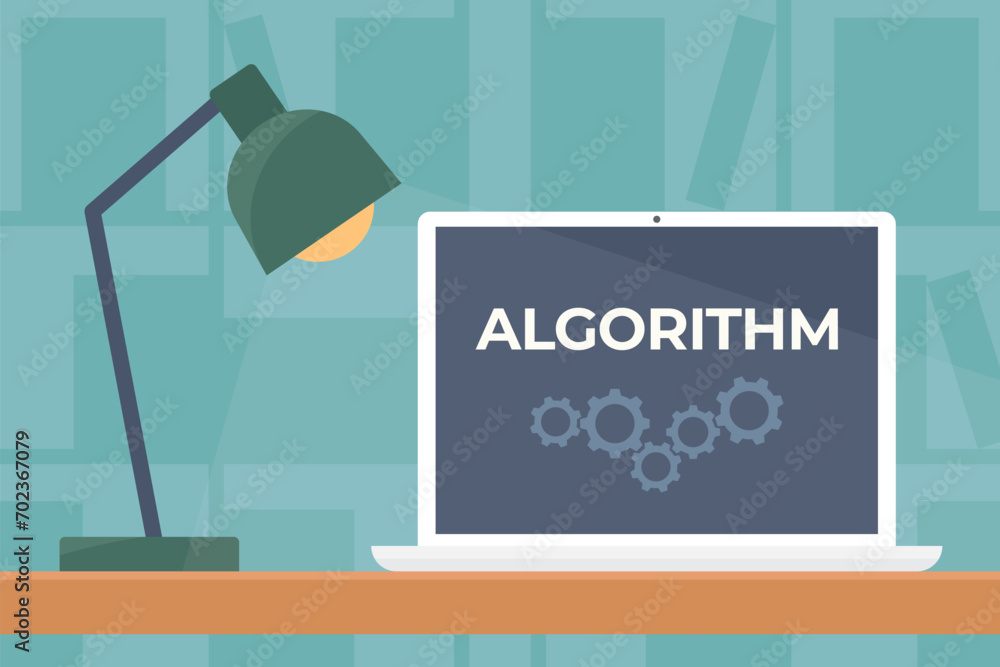 Poster algorithm concept, laptop with gears on the screen - vector illustration