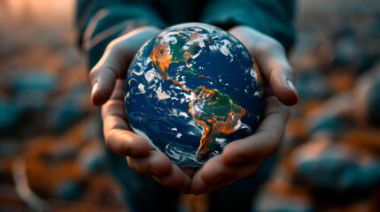 Earth Protection Day. The concept of protection: a girl holds a planet in her hands in a tropical...