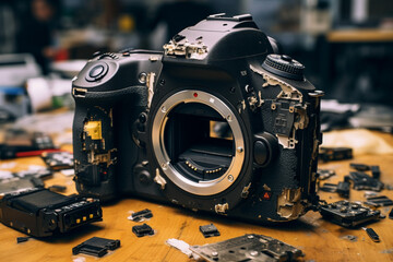 Broken digital slr photo camera repair - obrazy, fototapety, plakaty