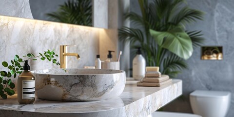 Marble stand for showcasing bath items on blurred restroom backdrop.