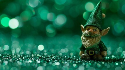 Happy St. Patrick's Day banner design. Elf Leprechauns with holiday decorations on sparkling green background with copy space.