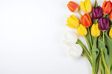 Bouquet of fresh colorful tulips on a white background. Copy space, flat lay. Festive background - obrazy, fototapety, plakaty