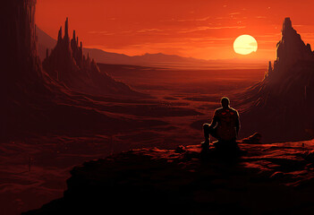 An illustration of man is sitting in a mountain hill watching dark red and light orange atmosphere panorama of desert
