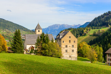 Fototapeta na wymiar Church St. Maria and Michael in the village of Churwalden in the Kanton Graubünden, Switzerland