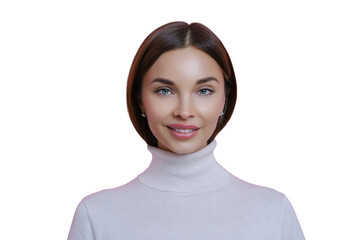 Elegant woman with glossy hair in a turtleneck sweater, showcasing a subtle smile, against a pink backdrop