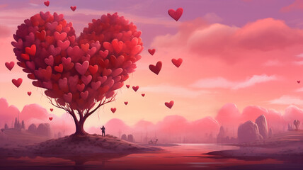 Fototapeta premium Tree of love. Red heart shaped tree at sunset. Beautiful landscape with red tree and falling leaves Love background
