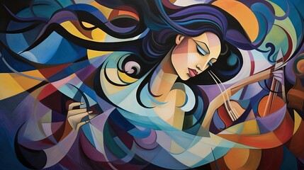 Melodic Elegance: Abstract Art of a Woman Embraced by Musical Waves