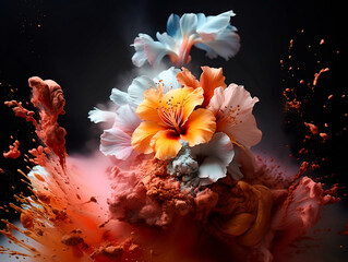 Tropical flowers with colorful ink against black background. Creative spring idea. Flowers design. Minimal summer exotic concept with copy space.