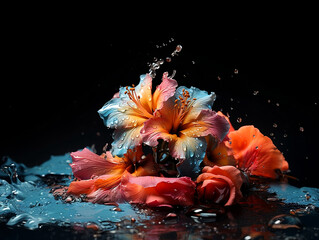 Colorful tropical flowers dripping in paint against black background. Creative spring idea. Flowers design. Minimal summer exotic concept with copy space.
