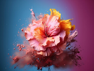 Tropical flower with colorful ink against gradient pink background. Creative spring idea. Flowers design. Minimal summer exotic concept with copy space.