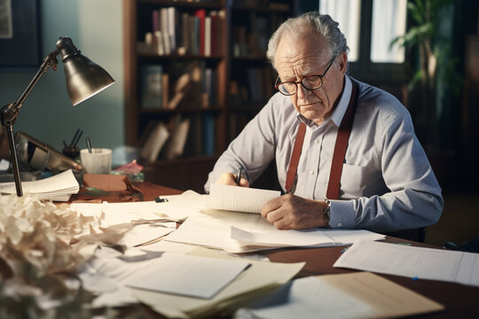 Busy senior man sitting at office desk with papers and making notes