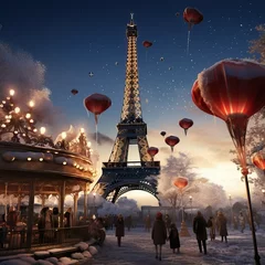 Fotobehang Enchanting Winter Evening at Eiffel Tower with Snow and Illuminated Balloons © Franklin