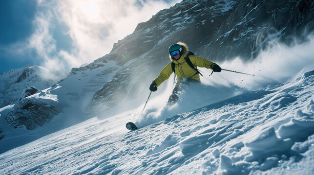 Joven esquiando sobre la nieve en un paisaje de monta&ntilde;as nevadas