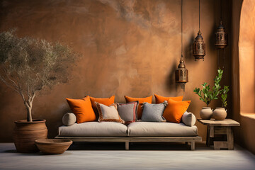 Modern living room interior design with terracotta colored walls with brown sofa and orange cushions. ai generated