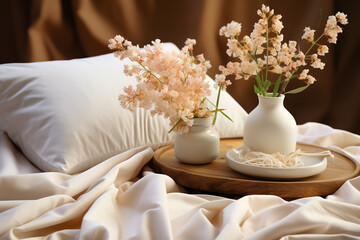 Vase with beautiful gypsophila flowers on bed, closeup. ai generated