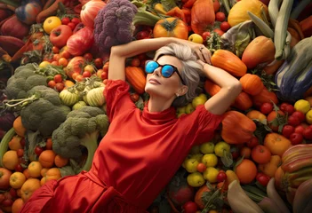 Gordijnen A middle aged women in orange shirt and sunglasses laying on colorful vegetables and fruits, dynamic and expressive posture  © 1by1step