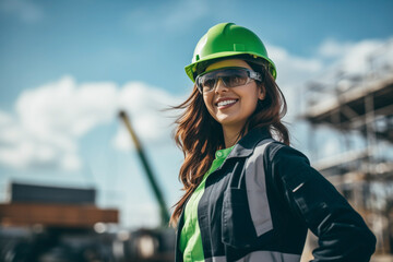 engineer woman in green helmet, work clothes on construction site at clear day - obrazy, fototapety, plakaty