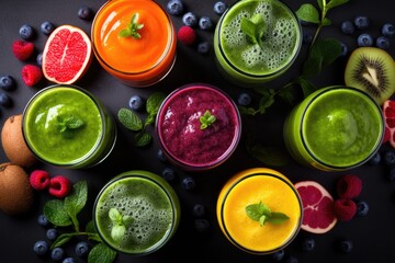 Fruit smoothies from different vegetables and fruits in glasses, top view