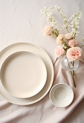 white dishes and glasses, on a white linen tablecloth, play of light, sun rays from the window, minimalism, Nordic style, still life in pastel colors