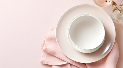 white dishes and glasses, on a white linen tablecloth, play of light, sun rays from the window, minimalism, Nordic style, still life in pastel colors