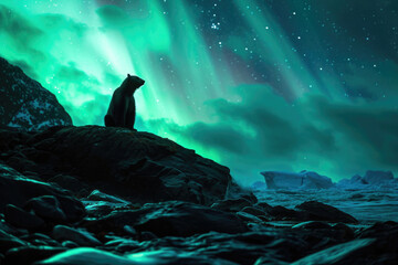 A polar bear in the ethereal glow of the Northern Lights