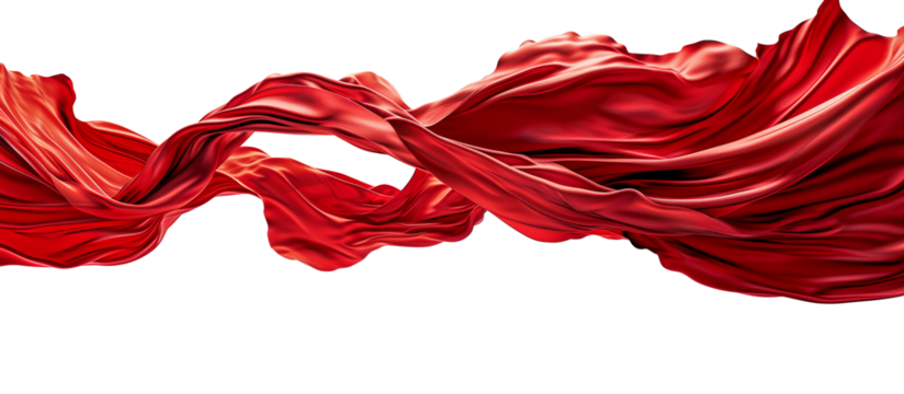 Flying red silk fabric. Waving satin cloth isolated on transparent background.
