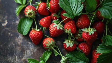 Fresh strawberries on twigs are lying on the table