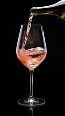 Refreshing Pour - Crisp Rosé Wine Flowing into a Fine Glass Against Black