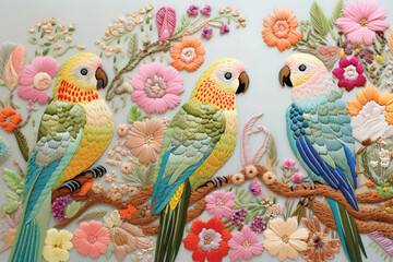 Two parrots made from the art of knitting. Created ai generated