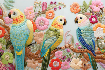 Two parrots made from the art of knitting. Created ai generated