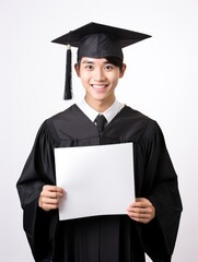 Asian student wearing campus graduation gown standing holding diploma or certificate, isolated white background