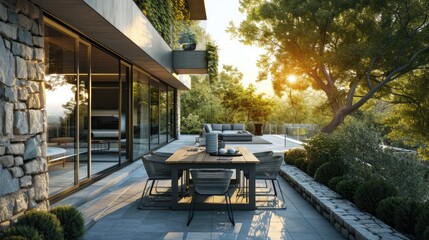 The terrace of a modern house and hotel. Luxury outdoor dining table with chairs