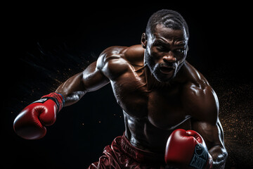 Fototapeta na wymiar A African male boxer landing a powerful punch on isolated dark black background