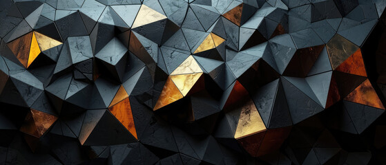 Textured geometric pyramids in dark tones with striking gold accents. - obrazy, fototapety, plakaty
