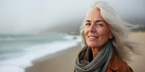 Smiling elder woman at the beach, retired, relaxed and serene grandmother, natural and healthy senior lifestyle