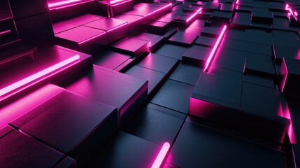 3d rendering, abstract black metal faceted background , pink glowing neon light, square tile