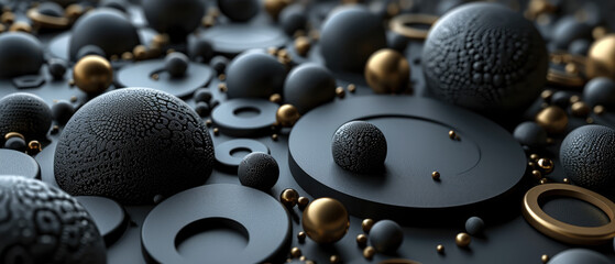 Spheres and circles in black and gold, creating a luxurious abstract 3D composition.