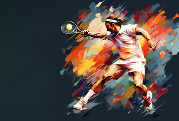 Large Tennis. man with racket and flying ball ready for strike during tennis match. silhouettes of tennis players - obrazy, fototapety, plakaty