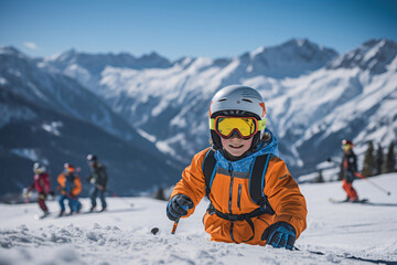 Fototapeta na wymiar A young kid on sky uniform walking on snow mountain during the midday sun