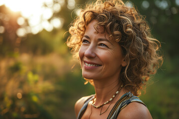 The Beauty of Age: Joyful Woman with Curly Hair at Dusk