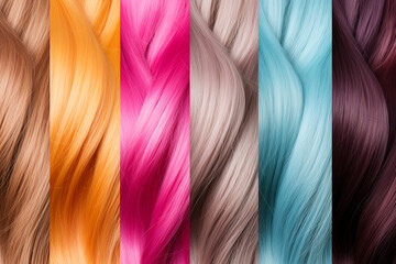 Beauty, fashion, make-up and hairstyle concept. Set of various dyed human hair colorful strands background with copy space. Macro close-up view