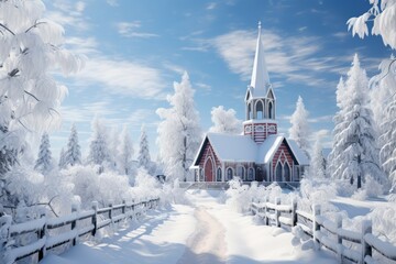 Snow-Covered Churches - Generative AI - obrazy, fototapety, plakaty