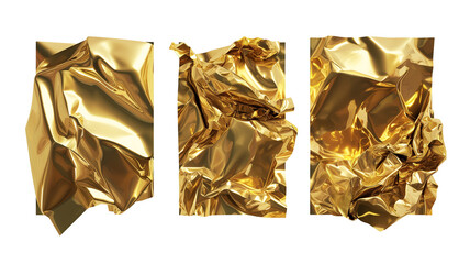 Set of 3d render damaged gold foils isolated on transparent background.