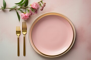 A stylish table setting with pink accents, featuring elegant dinnerware and cutlery for a festive celebration.