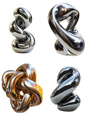Set of 3d rendering twisted chrome metallic shape.