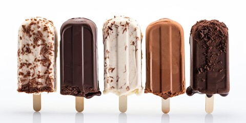A tempting range of frozen popsicles, featuring chocolate, vanilla, and strawberry flavors.